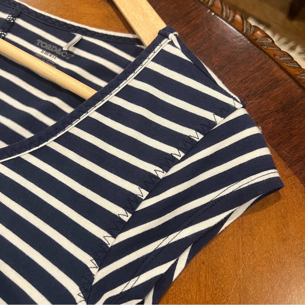 Toad & Co Muse Dress Nautical Navy Stripe Small Midi Short-Sleeve V-Neck Organic - Picture 9 of 16